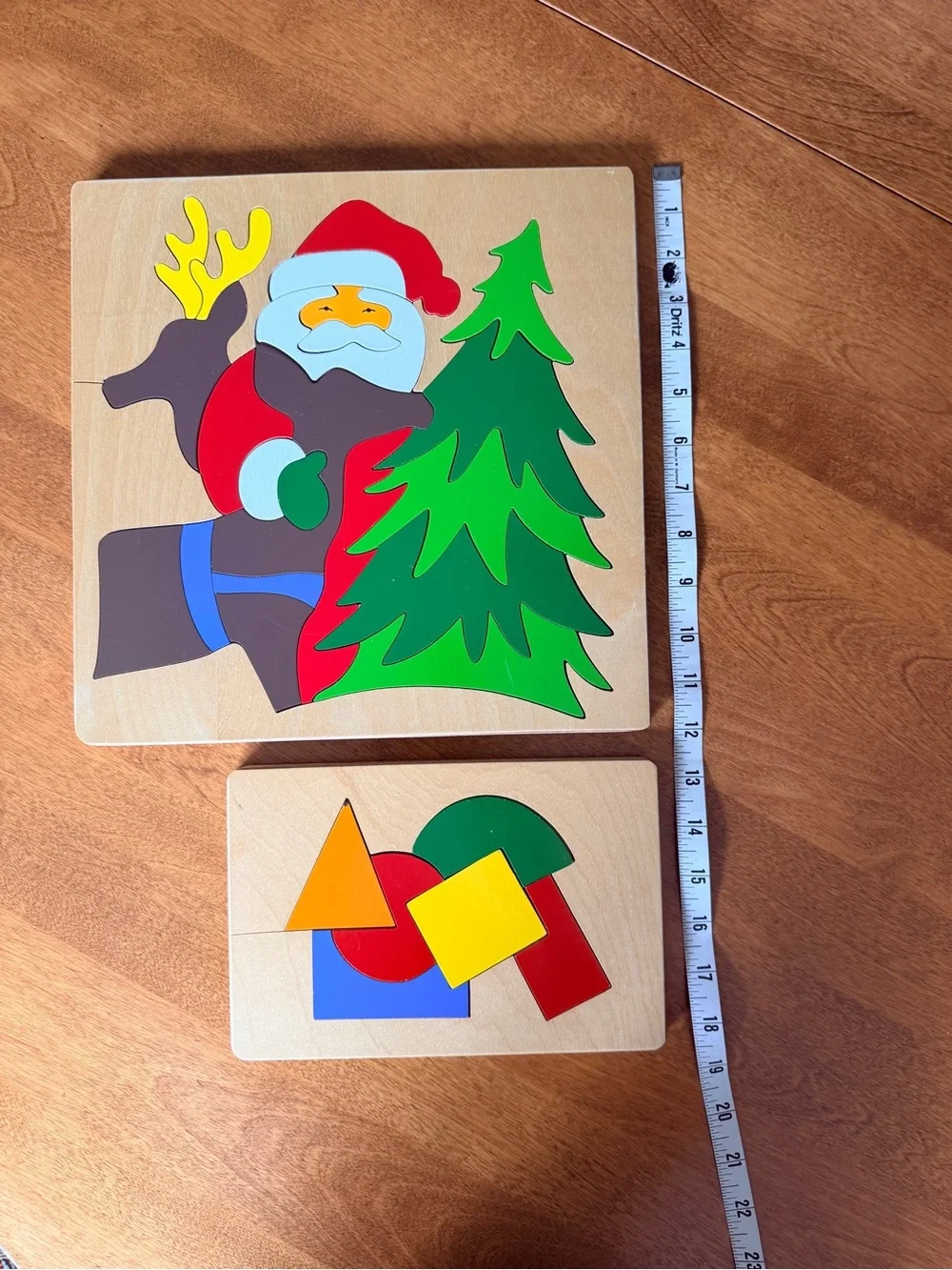 Wooden Santa and Shapes Puzzle Set - Red, Green, Yellow - Handmade, Vintage